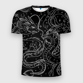 Мужская футболка 3D Slim с принтом Дракон   унесенные призраками: тату на черном в Екатеринбурге, 100% полиэстер с улучшенными характеристиками | приталенный силуэт, круглая горловина, широкие плечи, сужается к линии бедра | 