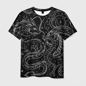 Мужская футболка 3D с принтом Дракон   унесенные призраками: тату на черном в Екатеринбурге, 100% полиэфир | прямой крой, круглый вырез горловины, длина до линии бедер | 