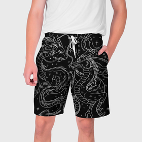 Мужские шорты 3D с принтом Дракон   унесенные призраками: тату на черном в Екатеринбурге,  полиэстер 100% | прямой крой, два кармана без застежек по бокам. Мягкая трикотажная резинка на поясе, внутри которой широкие завязки. Длина чуть выше колен | 