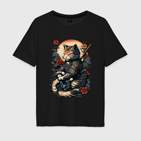 Мужская футболка хлопок Oversize с принтом Самурай кот в Петрозаводске, 100% хлопок | свободный крой, круглый ворот, “спинка” длиннее передней части | 