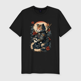 Мужская футболка хлопок Slim с принтом Самурай кот в Курске, 92% хлопок, 8% лайкра | приталенный силуэт, круглый вырез ворота, длина до линии бедра, короткий рукав | 