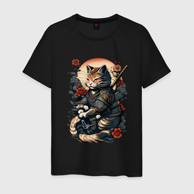 Мужская футболка хлопок с принтом самурай кот в Петрозаводске, 100% хлопок | прямой крой, круглый вырез горловины, длина до линии бедер, слегка спущенное плечо. | 