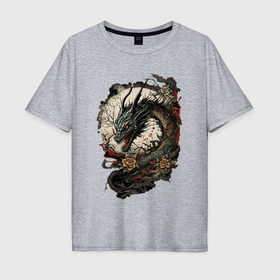 Мужская футболка хлопок Oversize с принтом Мифический японский дракон , 100% хлопок | свободный крой, круглый ворот, “спинка” длиннее передней части | 
