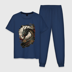 Мужская пижама хлопок с принтом Мифический японский дракон в Курске, 100% хлопок | брюки и футболка прямого кроя, без карманов, на брюках мягкая резинка на поясе и по низу штанин
 | 