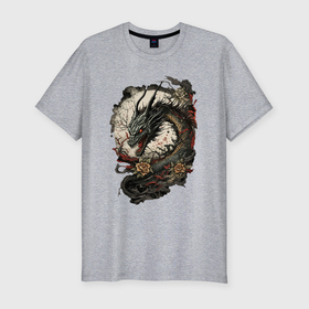 Мужская футболка хлопок Slim с принтом Мифический японский дракон в Санкт-Петербурге, 92% хлопок, 8% лайкра | приталенный силуэт, круглый вырез ворота, длина до линии бедра, короткий рукав | 
