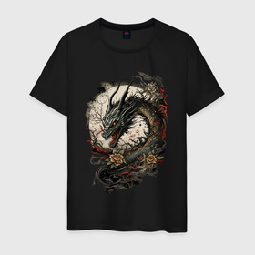 Мужская футболка хлопок с принтом мифический японский дракон , 100% хлопок | прямой крой, круглый вырез горловины, длина до линии бедер, слегка спущенное плечо. | Тематика изображения на принте: 