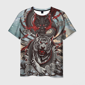 Мужская футболка 3D с принтом Дракон обвил Тигра в Кировске, 100% полиэфир | прямой крой, круглый вырез горловины, длина до линии бедер | 