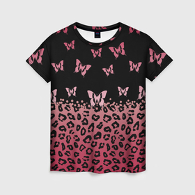 Женская футболка 3D с принтом Леопардовый паттерн и бабочки на пурпурно черном фоне в Тюмени, 100% полиэфир ( синтетическое хлопкоподобное полотно) | прямой крой, круглый вырез горловины, длина до линии бедер | 