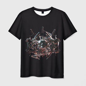 Мужская футболка 3D с принтом Скелетон на темном фоне в Екатеринбурге, 100% полиэфир | прямой крой, круглый вырез горловины, длина до линии бедер | 