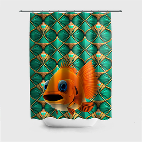 Штора 3D для ванной с принтом Сказочная золотая рыбка в Новосибирске, 100% полиэстер | плотность материала — 100 г/м2. Стандартный размер — 146 см х 180 см. По верхнему краю — пластиковые люверсы для креплений. В комплекте 10 пластиковых колец | 