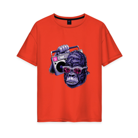 Женская футболка хлопок Oversize с принтом горилла в очках с магнитофоном в Екатеринбурге, 100% хлопок | свободный крой, круглый ворот, спущенный рукав, длина до линии бедер
 | 