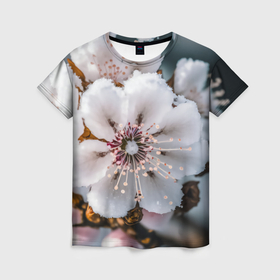 Женская футболка 3D с принтом Весенние цветы вишни , 100% полиэфир ( синтетическое хлопкоподобное полотно) | прямой крой, круглый вырез горловины, длина до линии бедер | Тематика изображения на принте: 
