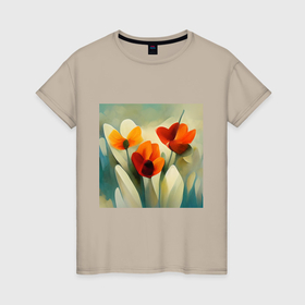 Женская футболка хлопок с принтом Тюльпаны в стиле импрессионизм в Курске, 100% хлопок | прямой крой, круглый вырез горловины, длина до линии бедер, слегка спущенное плечо | 