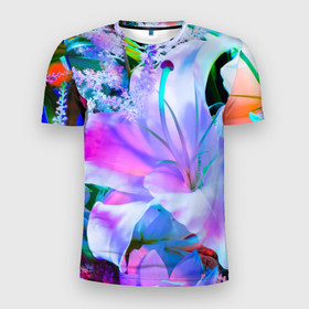 Мужская футболка 3D Slim с принтом Летний букет цветов в Петрозаводске, 100% полиэстер с улучшенными характеристиками | приталенный силуэт, круглая горловина, широкие плечи, сужается к линии бедра | 