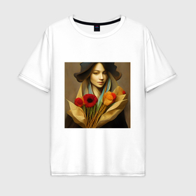 Мужская футболка хлопок Oversize с принтом Девушка с цветами в стиле экспрессионизм, дизайн 1 в Санкт-Петербурге, 100% хлопок | свободный крой, круглый ворот, “спинка” длиннее передней части | 