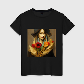 Женская футболка хлопок с принтом Девушка с цветами в стиле экспрессионизм, дизайн 1 в Екатеринбурге, 100% хлопок | прямой крой, круглый вырез горловины, длина до линии бедер, слегка спущенное плечо | 