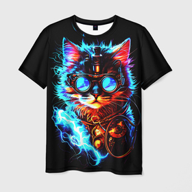 Мужская футболка 3D с принтом Светящийся кот стимпанк в Курске, 100% полиэфир | прямой крой, круглый вырез горловины, длина до линии бедер | 
