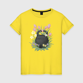 Женская футболка хлопок с принтом Кроссфит гиря в цветах в Кировске, 100% хлопок | прямой крой, круглый вырез горловины, длина до линии бедер, слегка спущенное плечо | 