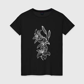 Женская футболка хлопок с принтом Цветущие лилии , 100% хлопок | прямой крой, круглый вырез горловины, длина до линии бедер, слегка спущенное плечо | 