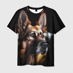 Мужская футболка 3D с принтом Немецкая овчарка в очках в Курске, 100% полиэфир | прямой крой, круглый вырез горловины, длина до линии бедер | 