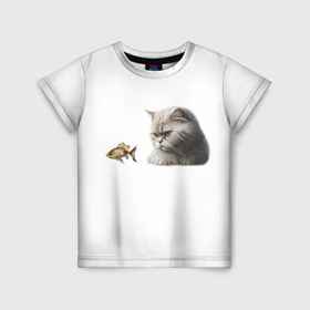 Детская футболка 3D с принтом Кот и золотая рыбка , 100% гипоаллергенный полиэфир | прямой крой, круглый вырез горловины, длина до линии бедер, чуть спущенное плечо, ткань немного тянется | 