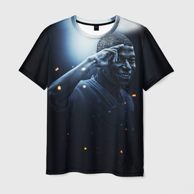 Мужская футболка 3D с принтом Килиан Мбаппе арт в Петрозаводске, 100% полиэфир | прямой крой, круглый вырез горловины, длина до линии бедер | Тематика изображения на принте: 