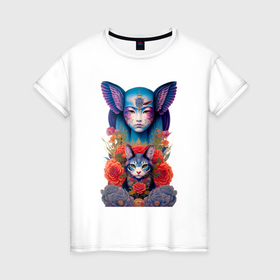 Женская футболка хлопок с принтом Girl with cat   neural network   art в Петрозаводске, 100% хлопок | прямой крой, круглый вырез горловины, длина до линии бедер, слегка спущенное плечо | 