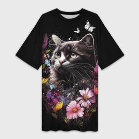 Платье-футболка 3D с принтом Черный кот на летнем лугу ,  |  | 