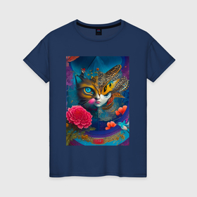 Женская футболка хлопок с принтом Девушка кошка   нейросеть   искусство , 100% хлопок | прямой крой, круглый вырез горловины, длина до линии бедер, слегка спущенное плечо | 