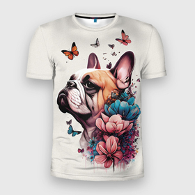 Мужская футболка 3D Slim с принтом Французский бульдог в цветах и бабочках в Екатеринбурге, 100% полиэстер с улучшенными характеристиками | приталенный силуэт, круглая горловина, широкие плечи, сужается к линии бедра | 
