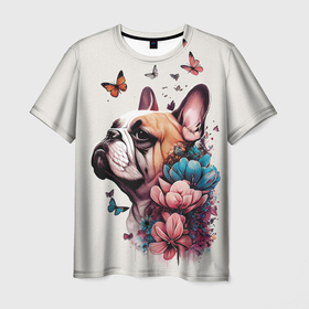 Мужская футболка 3D с принтом Французский бульдог в цветах и бабочках в Курске, 100% полиэфир | прямой крой, круглый вырез горловины, длина до линии бедер | 