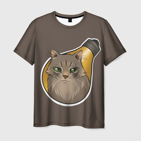 Мужская футболка 3D с принтом Арт серая сибирская кошка Хлоя и лампочка , 100% полиэфир | прямой крой, круглый вырез горловины, длина до линии бедер | 