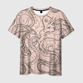 Мужская футболка 3D с принтом Дракон   унесенные призраками: тату на бежевом в Тюмени, 100% полиэфир | прямой крой, круглый вырез горловины, длина до линии бедер | 