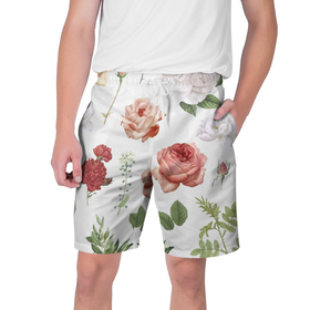 Мужские шорты 3D с принтом Гербарий цветов на белом фоне в Екатеринбурге,  полиэстер 100% | прямой крой, два кармана без застежек по бокам. Мягкая трикотажная резинка на поясе, внутри которой широкие завязки. Длина чуть выше колен | 