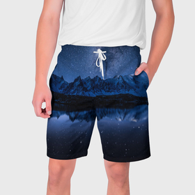 Мужские шорты 3D с принтом Ночные горы ночью в Тюмени,  полиэстер 100% | прямой крой, два кармана без застежек по бокам. Мягкая трикотажная резинка на поясе, внутри которой широкие завязки. Длина чуть выше колен | 