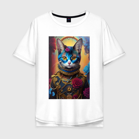 Мужская футболка хлопок Oversize с принтом Cat in a steampunk costume   neural network в Петрозаводске, 100% хлопок | свободный крой, круглый ворот, “спинка” длиннее передней части | 