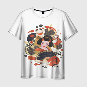 Мужская футболка 3D с принтом Японская гейша с котом в Петрозаводске, 100% полиэфир | прямой крой, круглый вырез горловины, длина до линии бедер | 