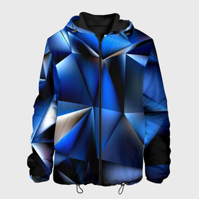 Мужская куртка 3D с принтом Polygon blue abstract в Санкт-Петербурге, ткань верха — 100% полиэстер, подклад — флис | прямой крой, подол и капюшон оформлены резинкой с фиксаторами, два кармана без застежек по бокам, один большой потайной карман на груди. Карман на груди застегивается на липучку | 