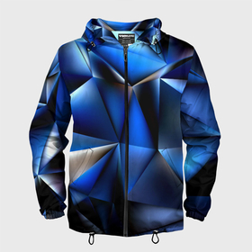 Мужская ветровка 3D с принтом Polygon blue abstract в Санкт-Петербурге, 100% полиэстер | подол и капюшон оформлены резинкой с фиксаторами, два кармана без застежек по бокам, один потайной карман на груди | Тематика изображения на принте: 