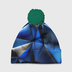 Шапка 3D c помпоном с принтом Polygon blue abstract в Тюмени, 100% полиэстер | универсальный размер, печать по всей поверхности изделия | 