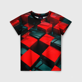 Детская футболка 3D с принтом Кубы геометрии красный и чёрный в Санкт-Петербурге, 100% гипоаллергенный полиэфир | прямой крой, круглый вырез горловины, длина до линии бедер, чуть спущенное плечо, ткань немного тянется | 