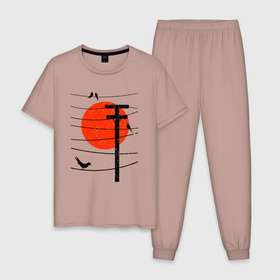 Мужская пижама хлопок с принтом Птицы на проводах и солнце в Кировске, 100% хлопок | брюки и футболка прямого кроя, без карманов, на брюках мягкая резинка на поясе и по низу штанин
 | 