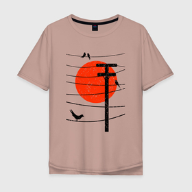 Мужская футболка хлопок Oversize с принтом Птицы на проводах и солнце в Санкт-Петербурге, 100% хлопок | свободный крой, круглый ворот, “спинка” длиннее передней части | 