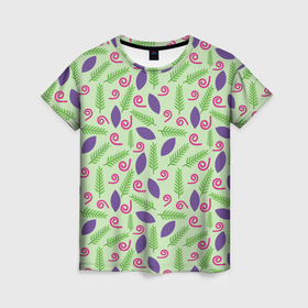 Женская футболка 3D с принтом Спиралька веточка и листок в Белгороде, 100% полиэфир ( синтетическое хлопкоподобное полотно) | прямой крой, круглый вырез горловины, длина до линии бедер | 