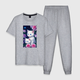 Мужская пижама хлопок с принтом Белые котята с розовыми розами в Курске, 100% хлопок | брюки и футболка прямого кроя, без карманов, на брюках мягкая резинка на поясе и по низу штанин
 | 