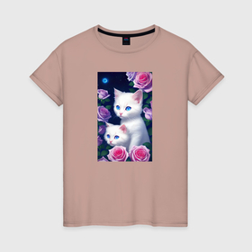Женская футболка хлопок с принтом Белые котята с розовыми розами в Тюмени, 100% хлопок | прямой крой, круглый вырез горловины, длина до линии бедер, слегка спущенное плечо | 