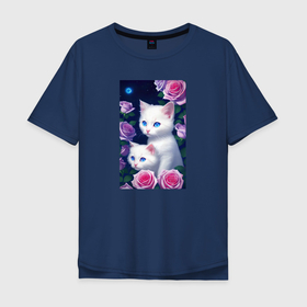 Мужская футболка хлопок Oversize с принтом Белые котята с розовыми розами в Курске, 100% хлопок | свободный крой, круглый ворот, “спинка” длиннее передней части | Тематика изображения на принте: 