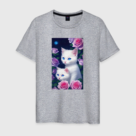 Мужская футболка хлопок с принтом Белые котята с розовыми розами в Новосибирске, 100% хлопок | прямой крой, круглый вырез горловины, длина до линии бедер, слегка спущенное плечо. | Тематика изображения на принте: 