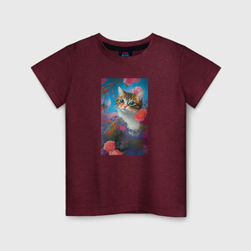 Детская футболка хлопок с принтом Полосатый кот с цветами , 100% хлопок | круглый вырез горловины, полуприлегающий силуэт, длина до линии бедер | 