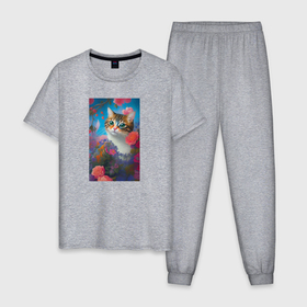 Мужская пижама хлопок с принтом Полосатый кот с цветами в Петрозаводске, 100% хлопок | брюки и футболка прямого кроя, без карманов, на брюках мягкая резинка на поясе и по низу штанин
 | 